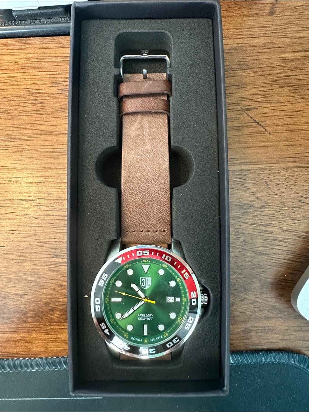 Green Dial Men's Watch with Brown Leather Strap